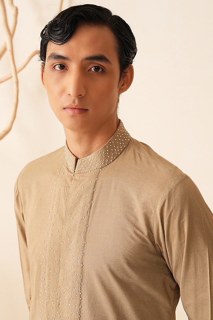 Desert Gold Cotton Silk Hand Embroidered Kurta Set by Shreyansh Designs at Pernia's Pop Up Shop