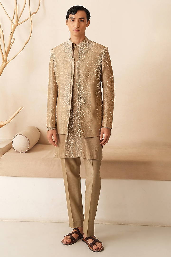 Desert Gold Dupion Silk Hand Embroidered Groom Indowestern Set by Shreyansh Designs at Pernia's Pop Up Shop