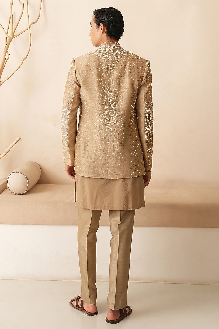 Desert Gold Dupion Silk Hand Embroidered Groom Indowestern Set by Shreyansh Designs at Pernia's Pop Up Shop