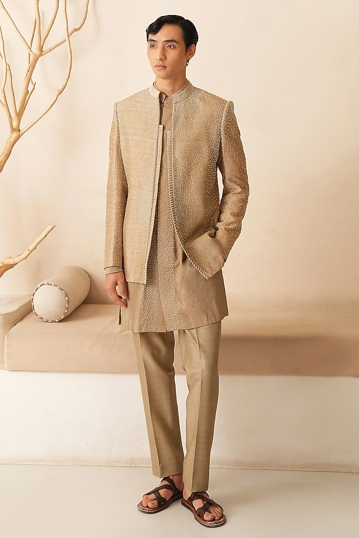 Desert Gold Dupion Silk Hand Embroidered Groom Indowestern Set by Shreyansh Designs at Pernia's Pop Up Shop