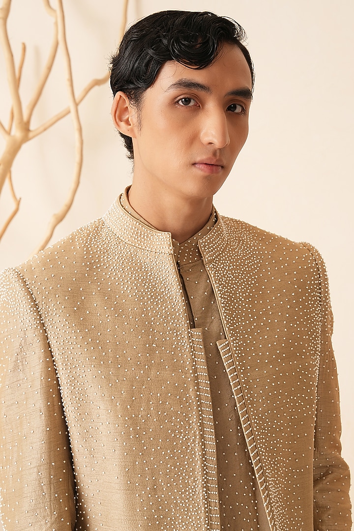 Desert Gold Dupion Silk Hand Embroidered Groom Indowestern Set by Shreyansh Designs at Pernia's Pop Up Shop