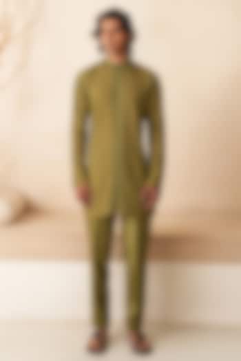Mehendi Green Cotton Silk Hand Embroidered Kurta Set by Shreyansh Designs at Pernia's Pop Up Shop