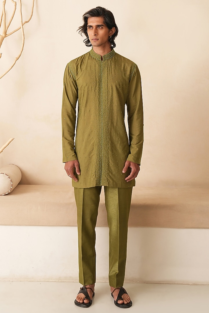 Mehendi Green Cotton Silk Hand Embroidered Kurta Set by Shreyansh Designs at Pernia's Pop Up Shop