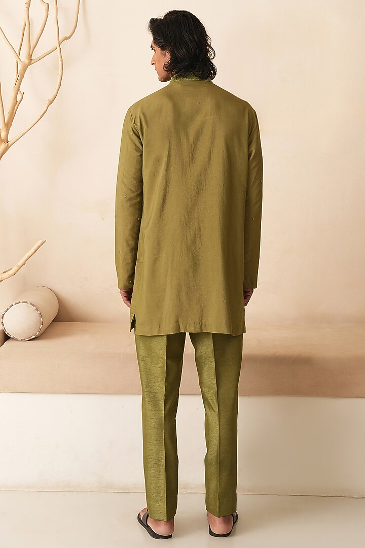 Mehendi Green Cotton Silk Hand Embroidered Kurta Set by Shreyansh Designs at Pernia's Pop Up Shop