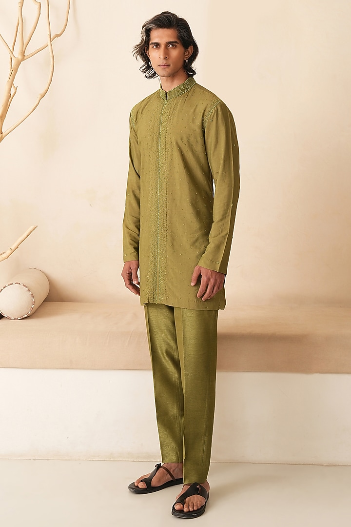 Mehendi Green Cotton Silk Hand Embroidered Kurta Set by Shreyansh Designs at Pernia's Pop Up Shop