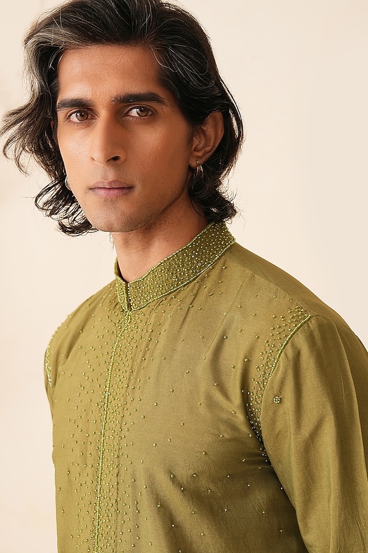 Mehendi Green Cotton Silk Hand Embroidered Kurta Set by Shreyansh Designs at Pernia's Pop Up Shop