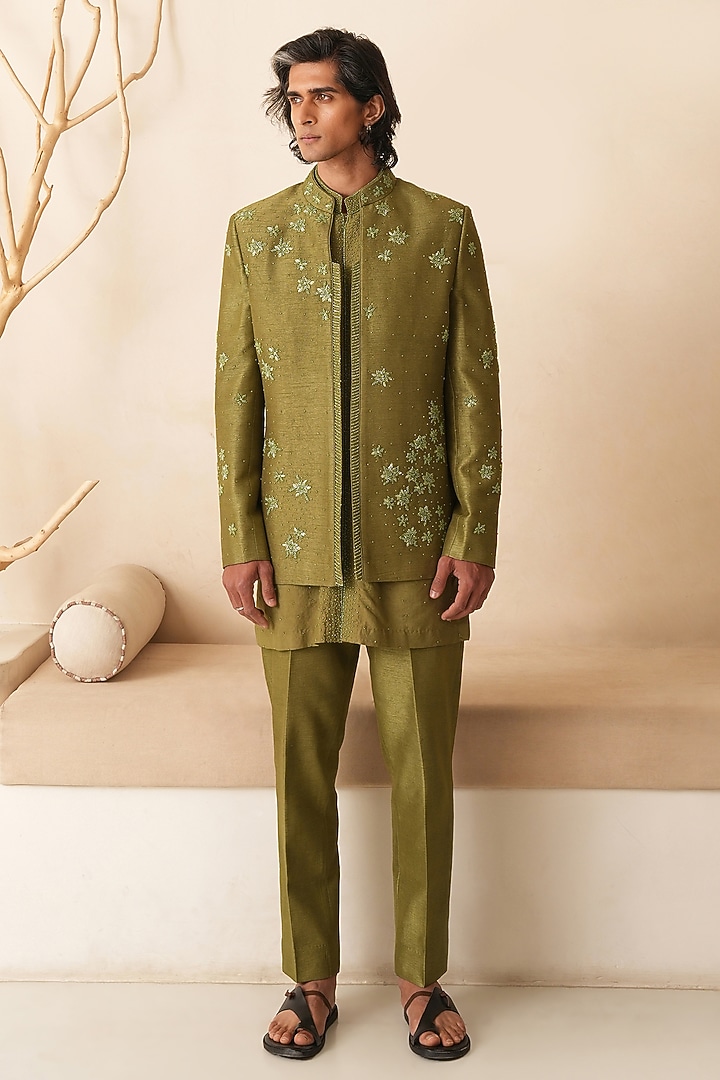 Mehendi Green Dupion Silk Hand Embroidered Groom Indowestern Set by Shreyansh Designs at Pernia's Pop Up Shop