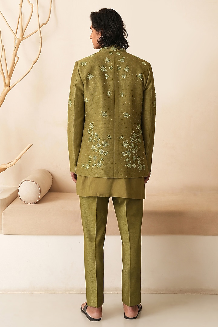 Mehendi Green Dupion Silk Hand Embroidered Groom Indowestern Set by Shreyansh Designs at Pernia's Pop Up Shop