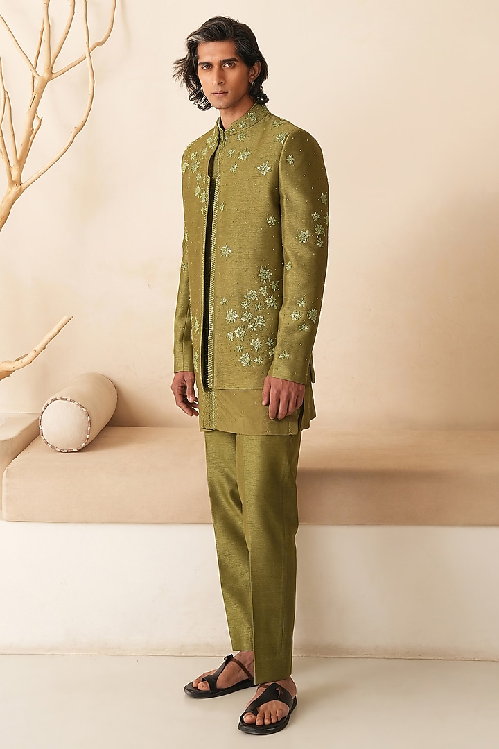 Mehendi Green Dupion Silk Hand Embroidered Groom Indowestern Set by Shreyansh Designs at Pernia's Pop Up Shop