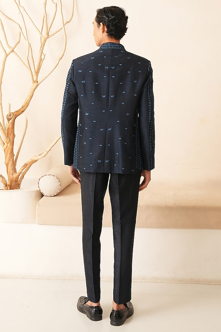 Dark Blue Dupion Silk Embroidered Wedding Bandhgala Set by Shreyansh Designs at Pernia's Pop Up Shop