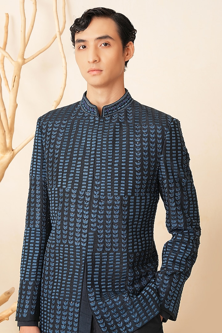 Dark Blue Dupion Silk Embroidered Wedding Bandhgala Set by Shreyansh Designs at Pernia's Pop Up Shop