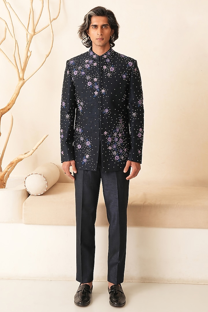 Midnight Blue Dupion Silk Hand Embroidered Groom Bandhgala Set by Shreyansh Designs at Pernia's Pop Up Shop