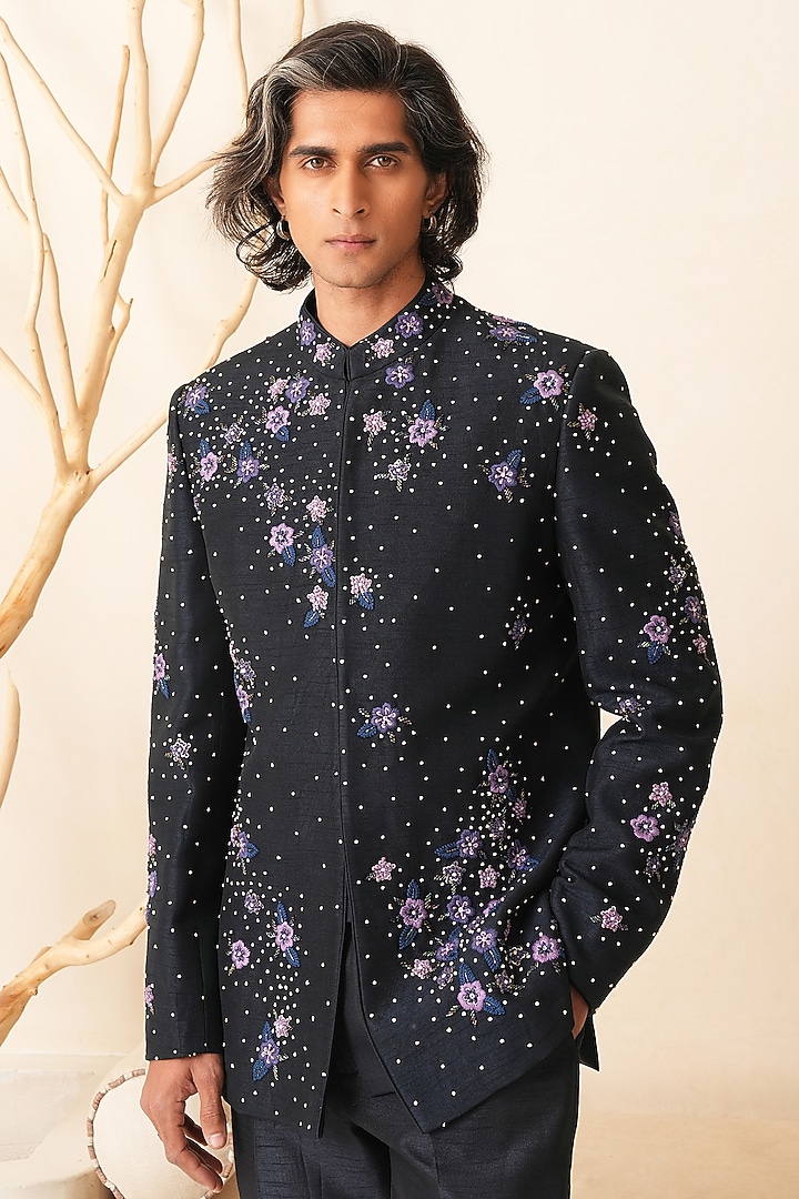Midnight Blue Dupion Silk Hand Embroidered Groom Bandhgala Set by Shreyansh Designs at Pernia's Pop Up Shop
