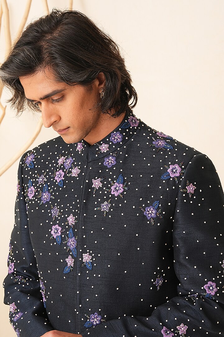 Midnight Blue Dupion Silk Hand Embroidered Groom Bandhgala Set by Shreyansh Designs at Pernia's Pop Up Shop
