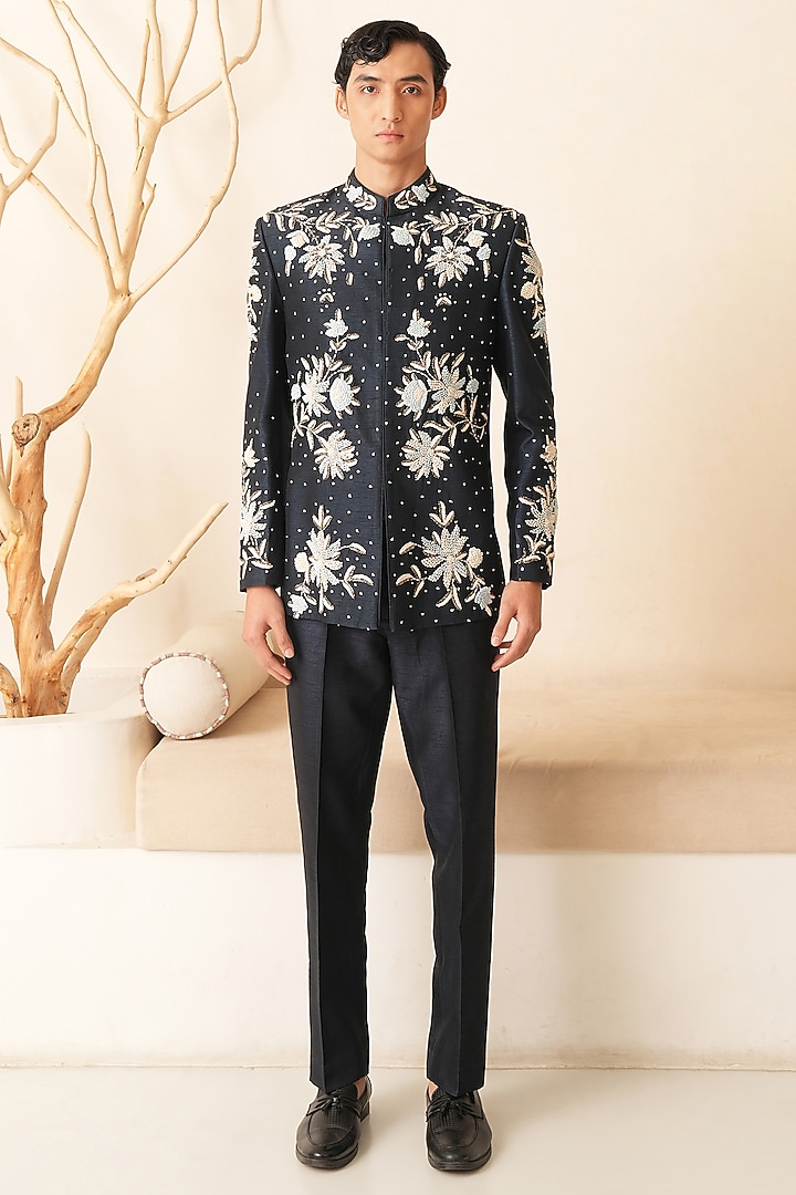 Midnight Blue Dupion Silk Hand Embroidered Groom Indowestern Set by Shreyansh Designs at Pernia's Pop Up Shop