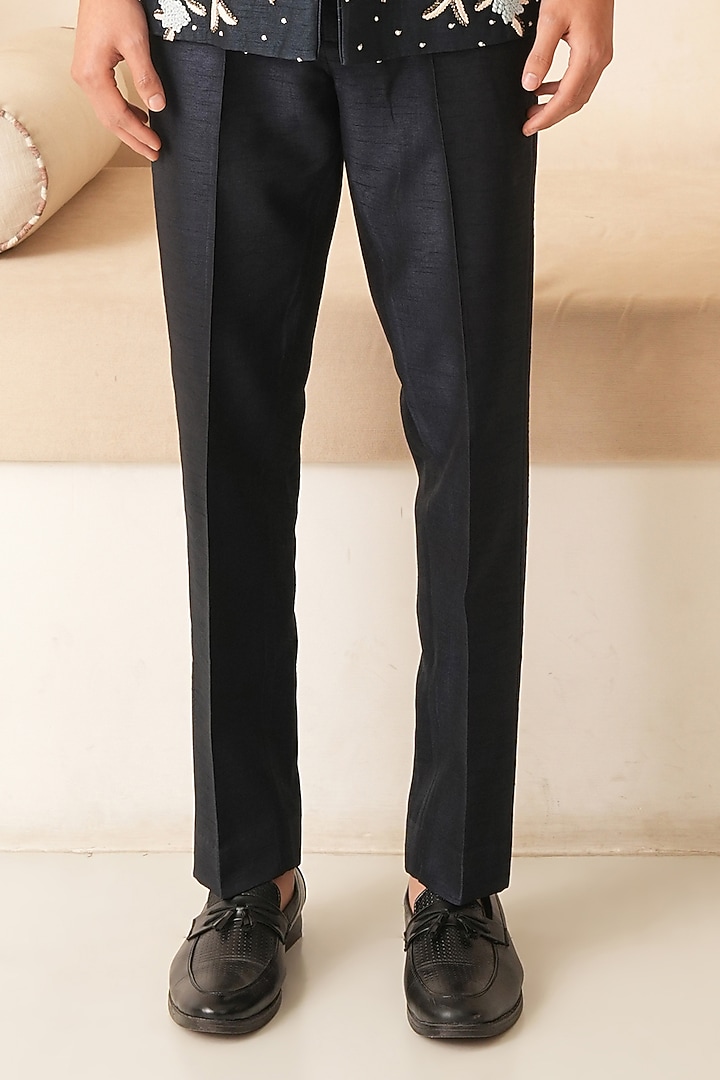 Midnight Blue Dupion Silk Hand Embroidered Groom Indowestern Set by Shreyansh Designs at Pernia's Pop Up Shop