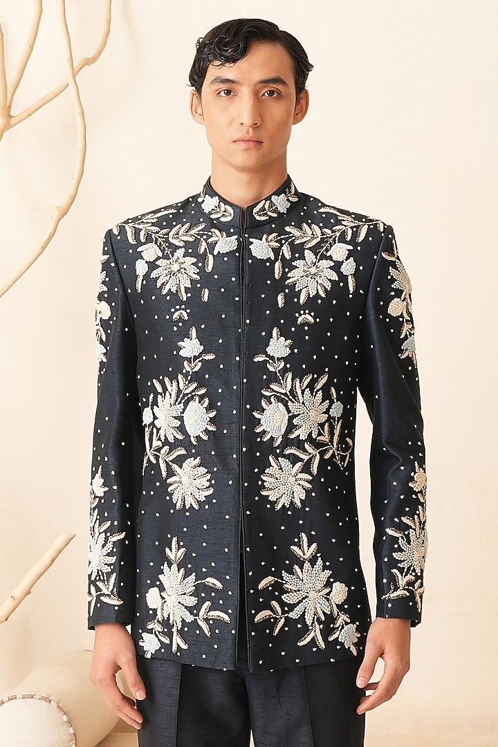 Midnight Blue Dupion Silk Hand Embroidered Groom Indowestern Set by Shreyansh Designs at Pernia's Pop Up Shop