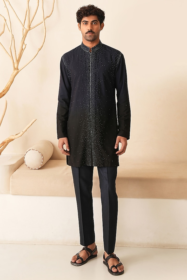 Midnight Blue & Black Ombre Cotton Silk Hand Embroidered Kurta Set by Shreyansh Designs at Pernia's Pop Up Shop