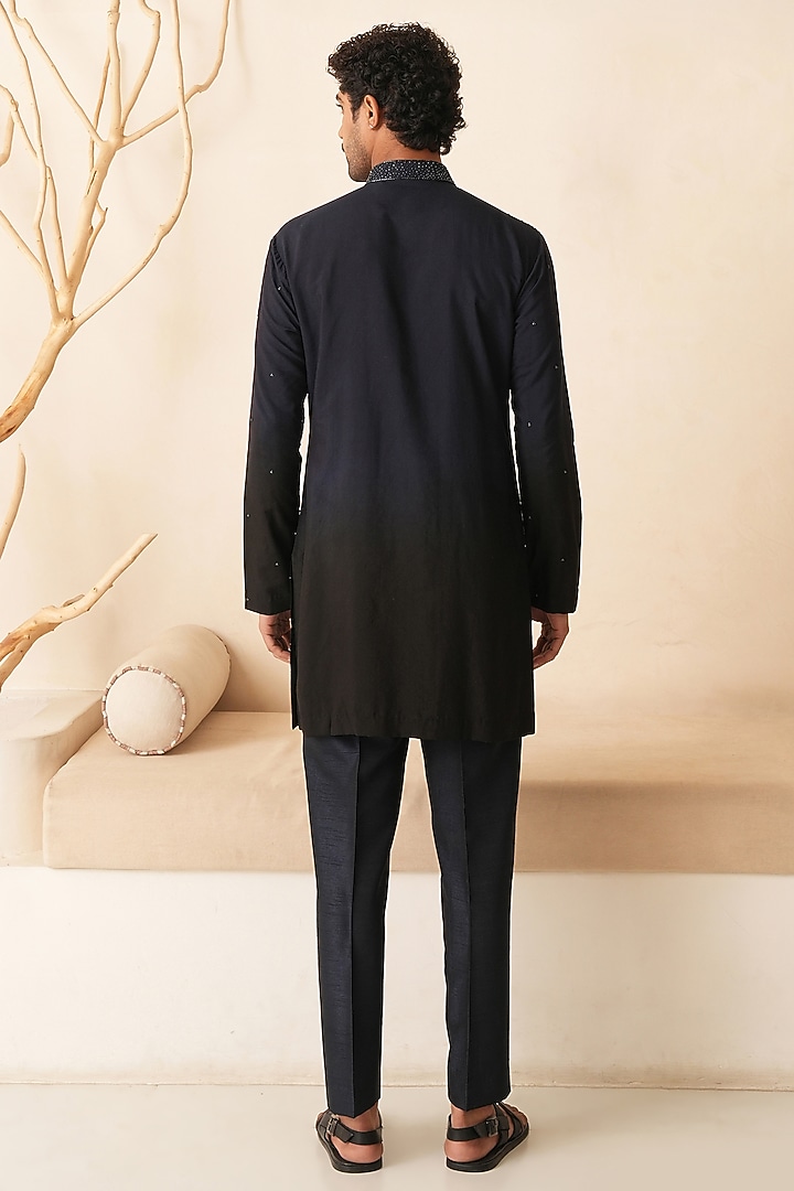 Midnight Blue & Black Ombre Cotton Silk Hand Embroidered Kurta Set by Shreyansh Designs at Pernia's Pop Up Shop