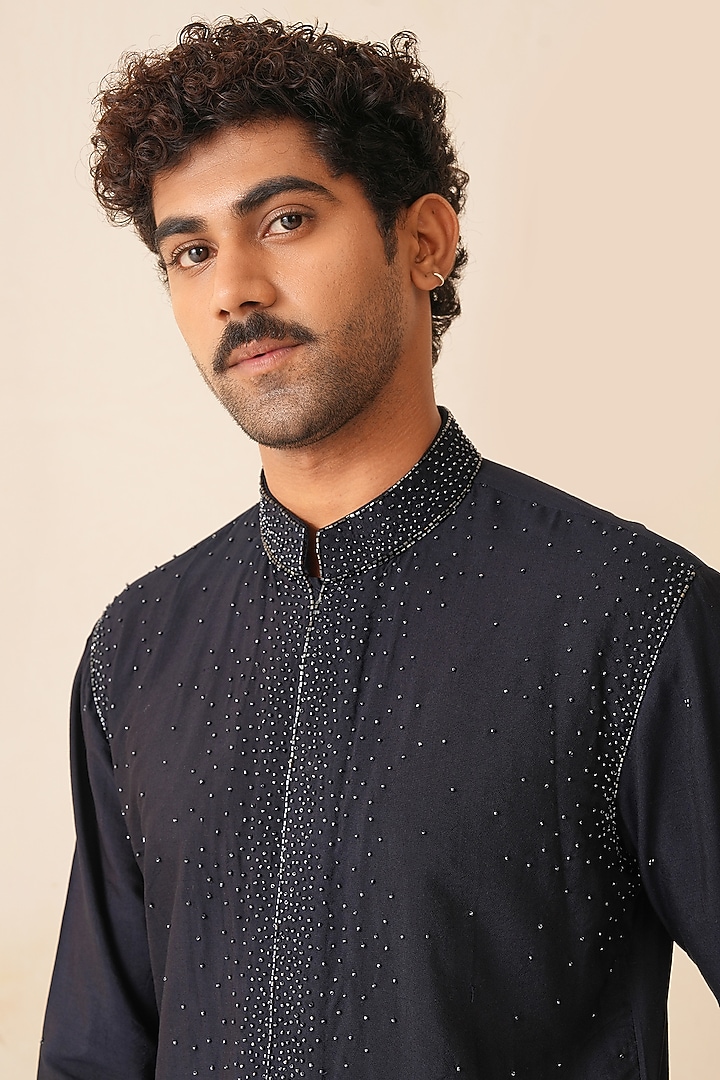 Midnight Blue & Black Ombre Cotton Silk Hand Embroidered Kurta Set by Shreyansh Designs at Pernia's Pop Up Shop