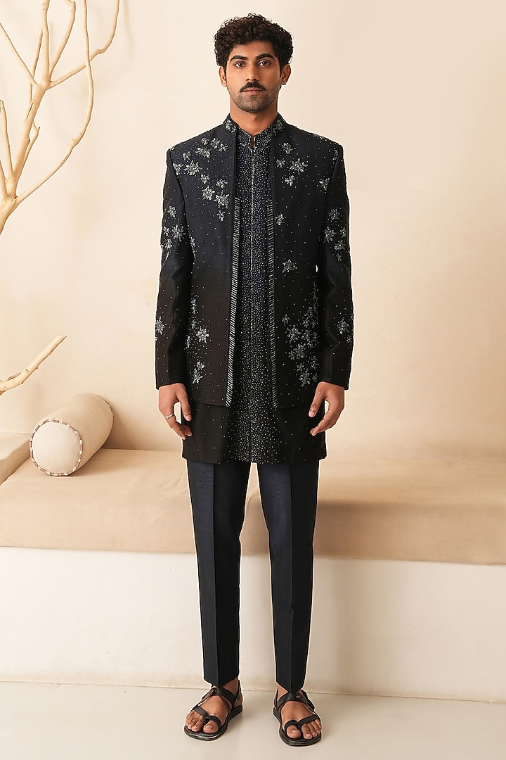 Midnight Blue & Black Ombre Dupion Silk Embroidered Groom Indowestern Set by Shreyansh Designs at Pernia's Pop Up Shop