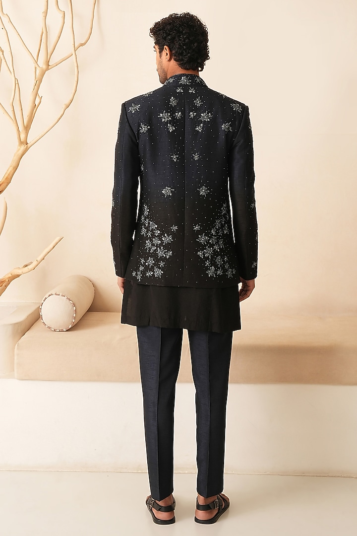 Midnight Blue & Black Ombre Dupion Silk Embroidered Groom Indowestern Set by Shreyansh Designs at Pernia's Pop Up Shop