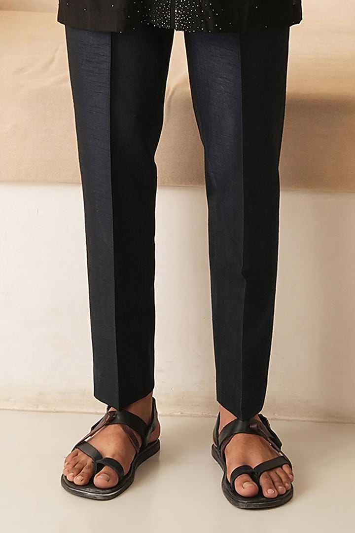 Midnight Blue & Black Ombre Dupion Silk Embroidered Groom Indowestern Set by Shreyansh Designs at Pernia's Pop Up Shop