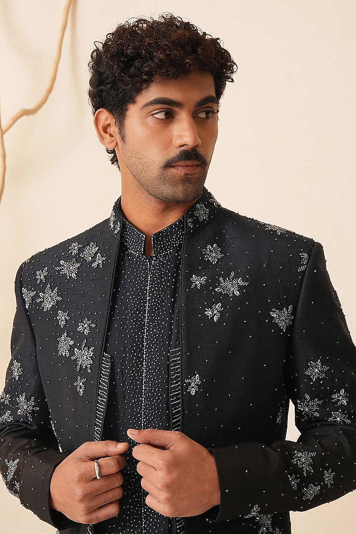 Midnight Blue & Black Ombre Dupion Silk Embroidered Groom Indowestern Set by Shreyansh Designs at Pernia's Pop Up Shop