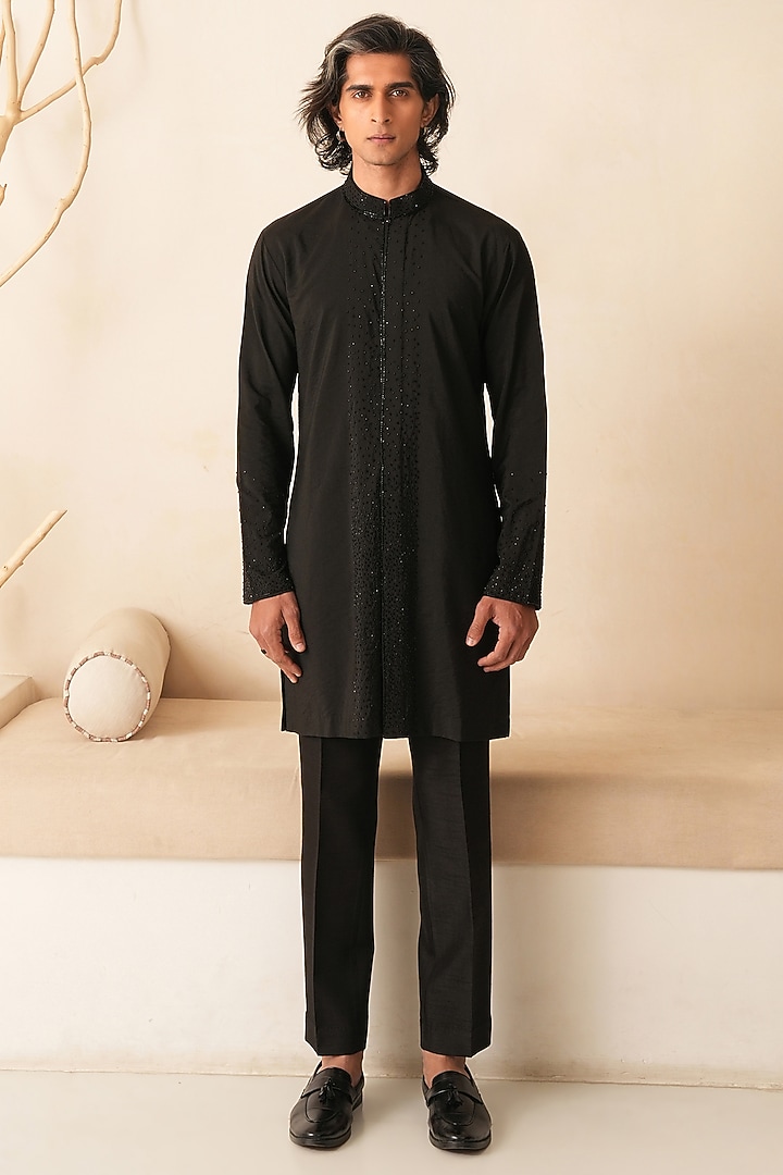 Black Cotton Silk French Knot Embroidered Kurta Set by Shreyansh Designs at Pernia's Pop Up Shop