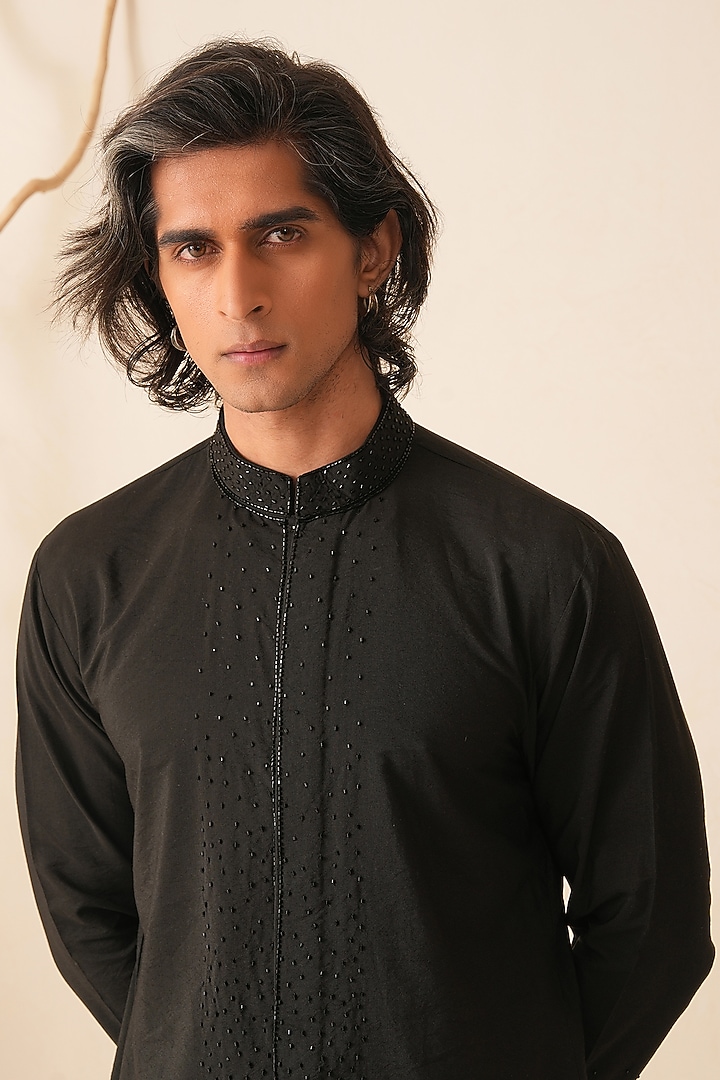 Black Cotton Silk French Knot Embroidered Kurta Set by Shreyansh Designs at Pernia's Pop Up Shop