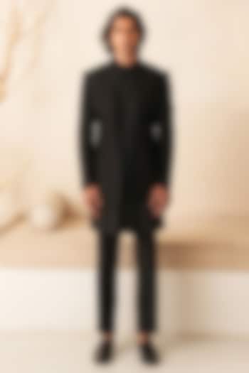 Black Dupion Silk Hand Embroidered Groom Indowestern Set  by Shreyansh Designs at Pernia's Pop Up Shop