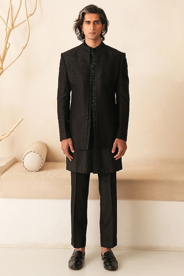 Black Dupion Silk Hand Embroidered Groom Indowestern Set  by Shreyansh Designs at Pernia's Pop Up Shop