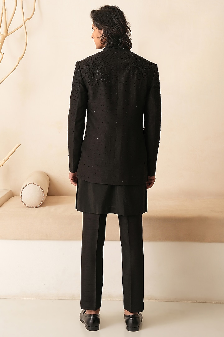 Black Dupion Silk Hand Embroidered Groom Indowestern Set  by Shreyansh Designs at Pernia's Pop Up Shop