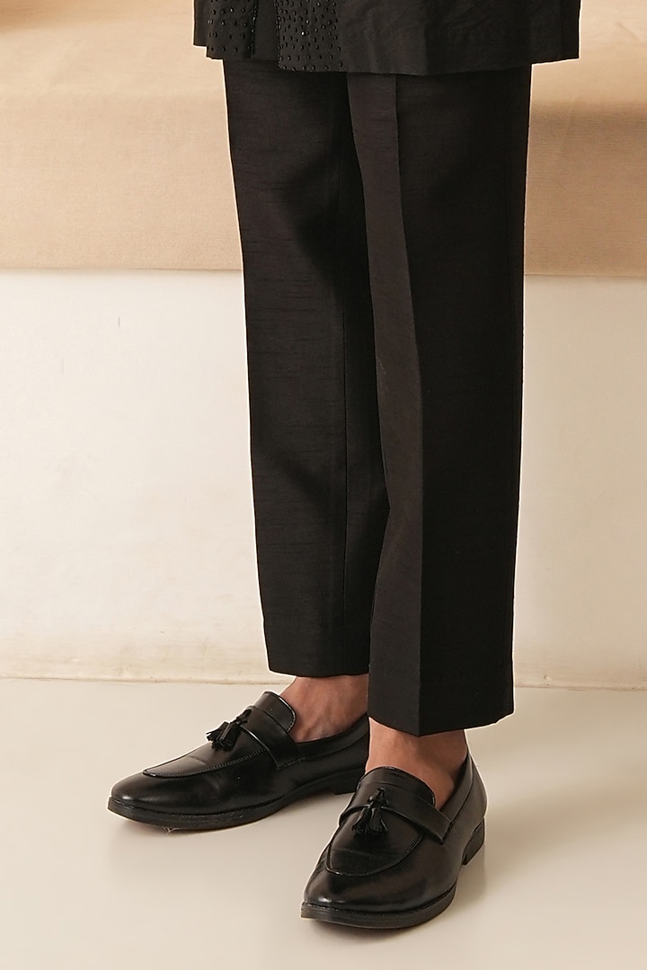 Black Dupion Silk Hand Embroidered Groom Indowestern Set  by Shreyansh Designs at Pernia's Pop Up Shop