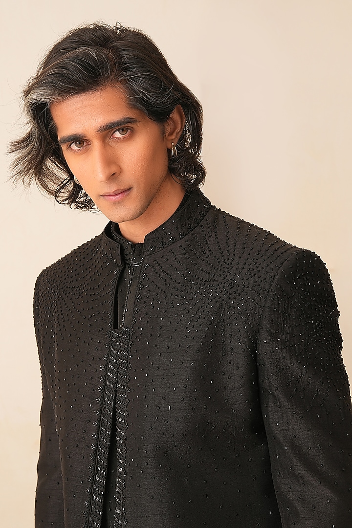 Black Dupion Silk Hand Embroidered Groom Indowestern Set  by Shreyansh Designs at Pernia's Pop Up Shop