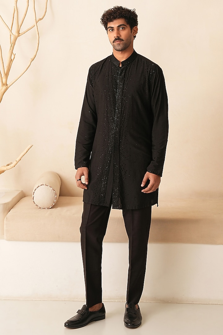 Black Cotton Silk Hand Embroidered Kurta Set by Shreyansh Designs at Pernia's Pop Up Shop