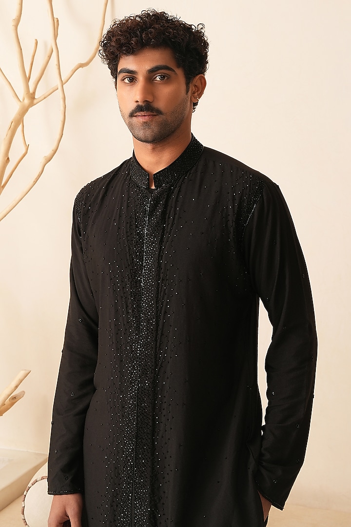 Black Cotton Silk Hand Embroidered Kurta Set by Shreyansh Designs at Pernia's Pop Up Shop