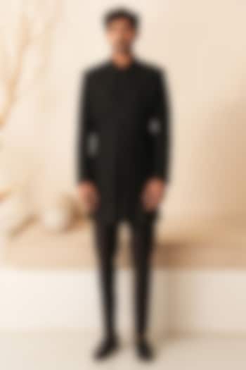 Black Dupion Silk Hand Embroidered Groom Indowestern Set  by Shreyansh Designs at Pernia's Pop Up Shop