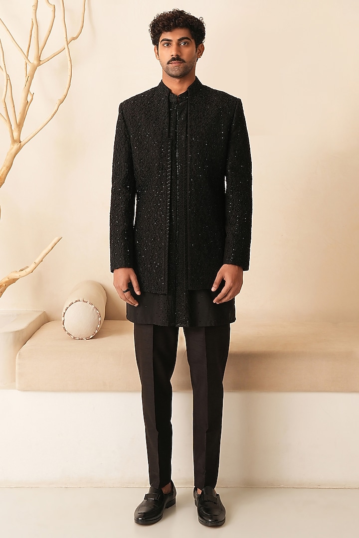 Black Dupion Silk Hand Embroidered Groom Indowestern Set  by Shreyansh Designs at Pernia's Pop Up Shop