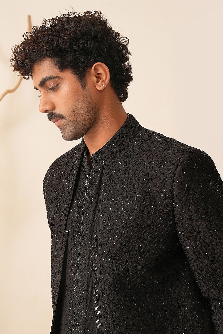 Black Dupion Silk Hand Embroidered Groom Indowestern Set  by Shreyansh Designs at Pernia's Pop Up Shop