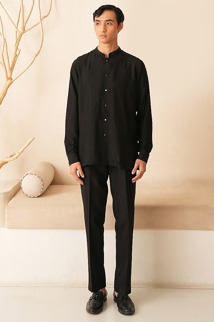 Black Cotton Silk Short Kurta Set by Shreyansh Designs at Pernia's Pop Up Shop