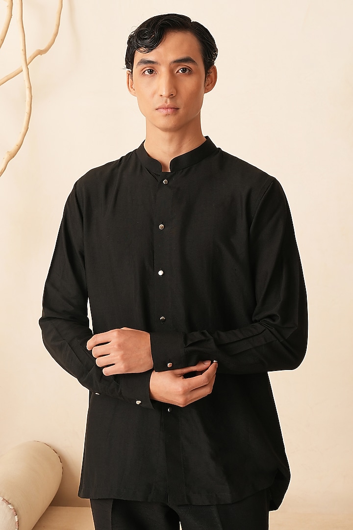 Black Cotton Silk Short Kurta Set by Shreyansh Designs at Pernia's Pop Up Shop