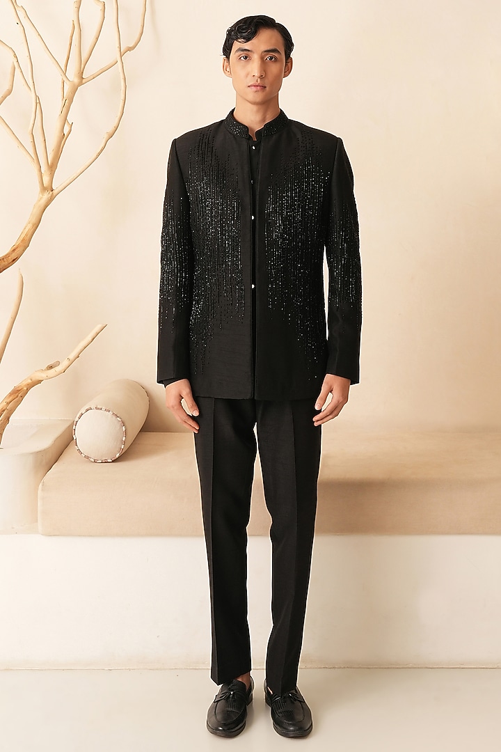 Black Dupion Silk Glass Bead Embroidered Wedding Indowestern Set by Shreyansh Designs at Pernia's Pop Up Shop
