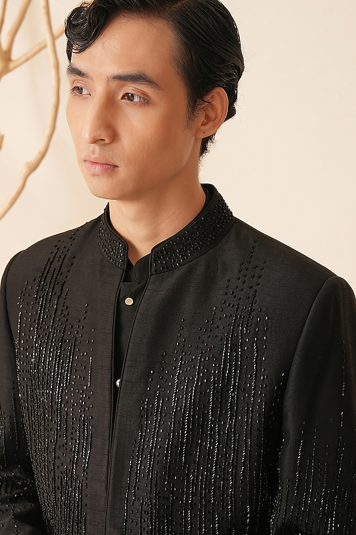 Black Dupion Silk Glass Bead Embroidered Wedding Indowestern Set by Shreyansh Designs at Pernia's Pop Up Shop