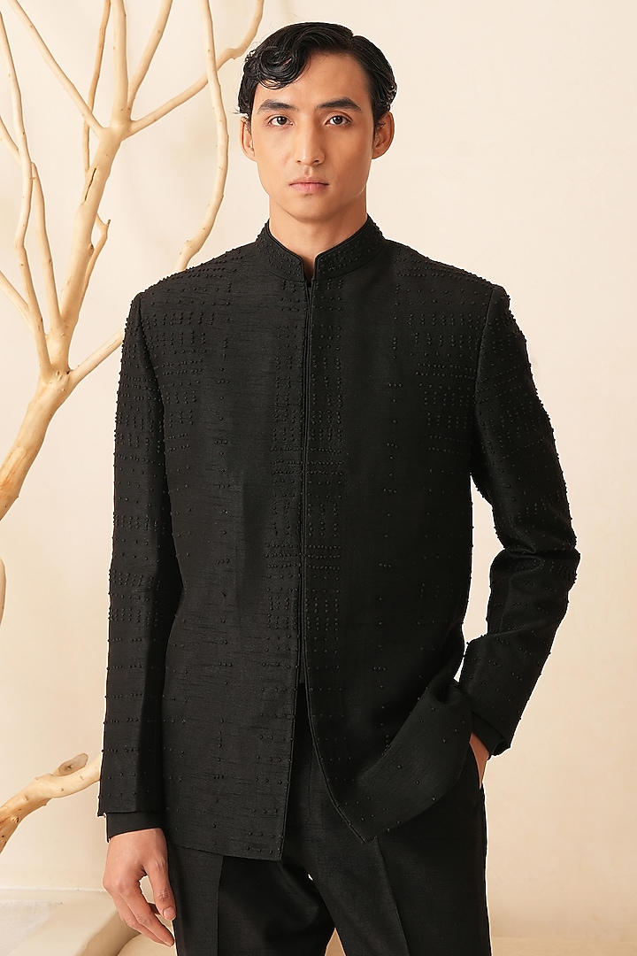 Black Dupion Silk Hand Embroidered Wedding Bandhgala Set by Shreyansh Designs at Pernia's Pop Up Shop