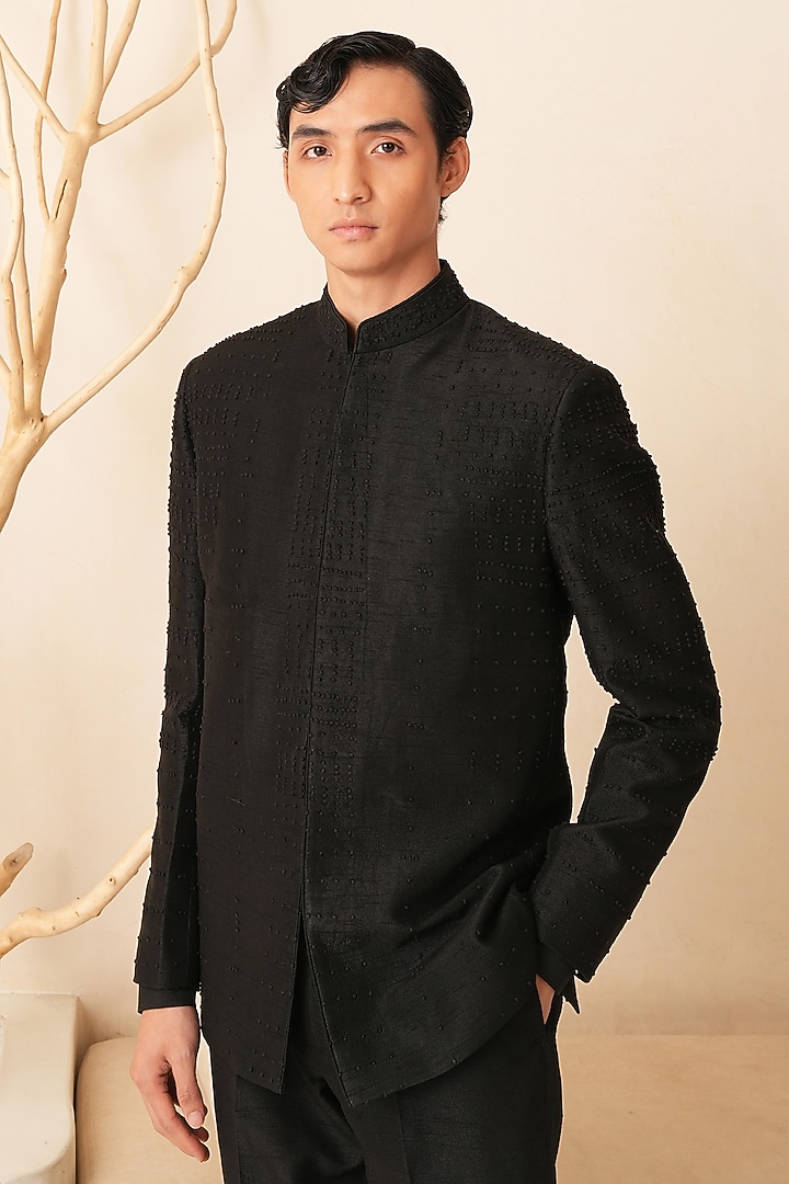 Black Dupion Silk Hand Embroidered Wedding Bandhgala Set by Shreyansh Designs at Pernia's Pop Up Shop