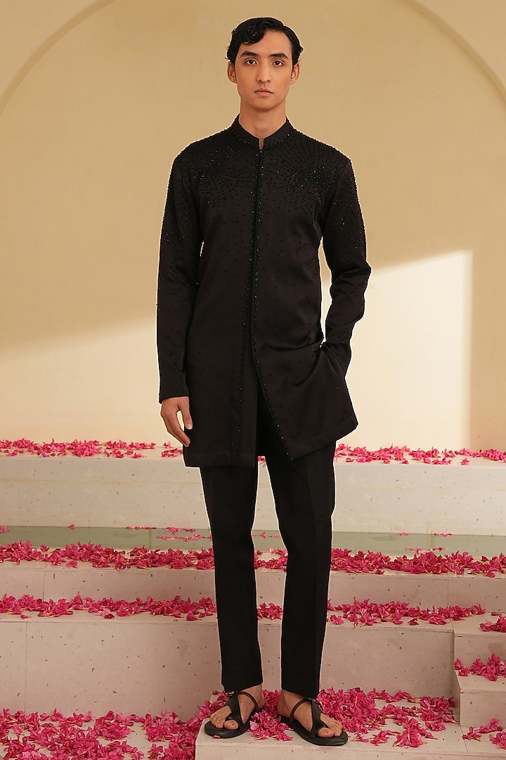 Black Swiss Silk Hand Embroidered Kurta Set by Shreyansh Designs at Pernia's Pop Up Shop