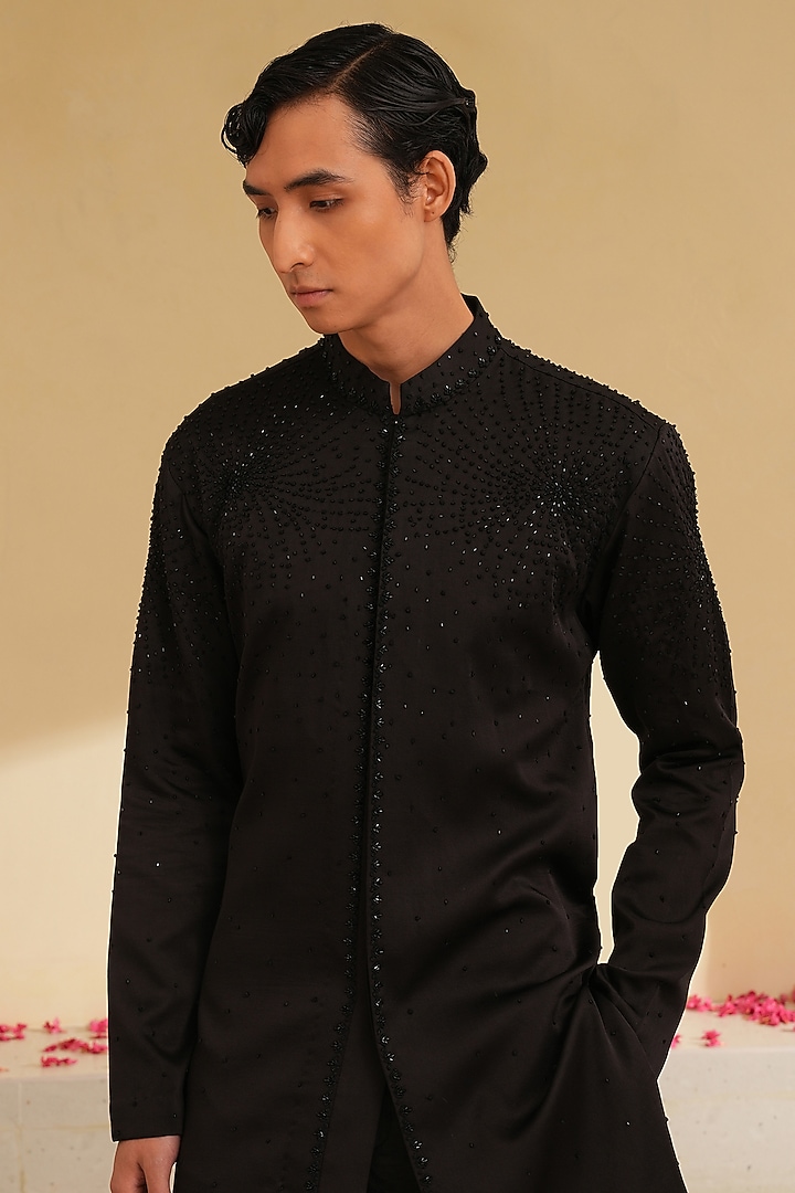 Black Swiss Silk Hand Embroidered Kurta Set by Shreyansh Designs at Pernia's Pop Up Shop