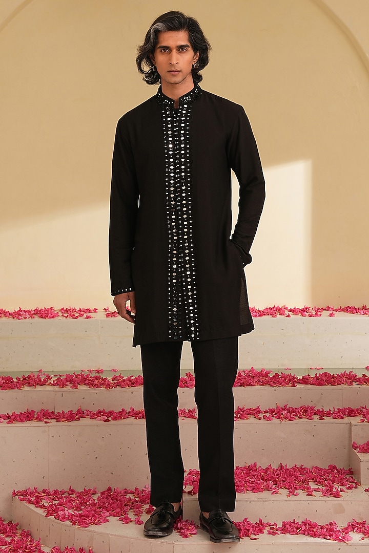Black Cotton Silk Hand Embroidered Kurta Set by Shreyansh Designs at Pernia's Pop Up Shop