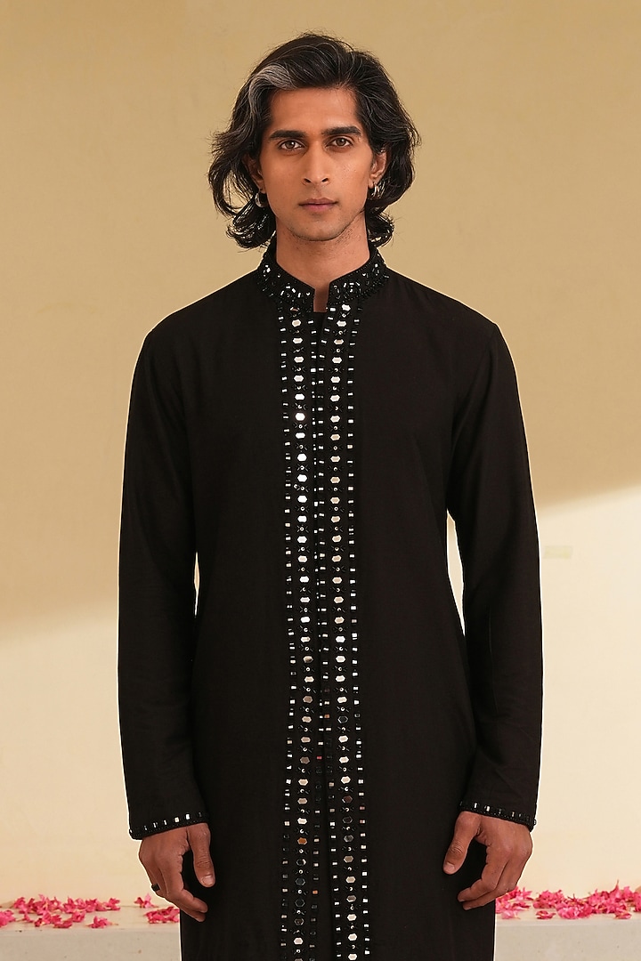 Black Cotton Silk Hand Embroidered Kurta Set by Shreyansh Designs at Pernia's Pop Up Shop